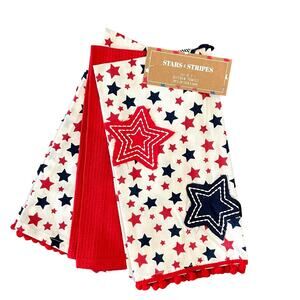 STARS & STRIPES Set of 3 USA Pom Pom 100% Cotton Kitchen Tea Towels 20x28 NEW